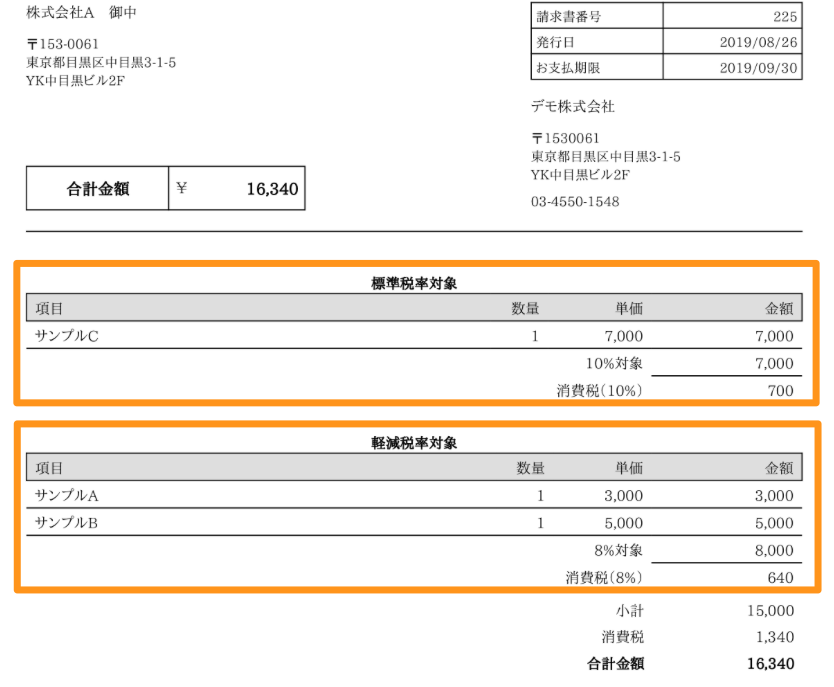 軽減税率・標準税率を分類して表示